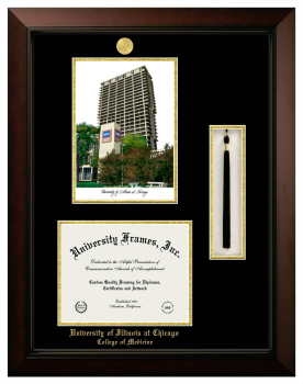 Double Opening with Campus Image & Tassel Box (Stacked) Frame in Legacy Black Cherry with Black & Gold Mats for DOCUMENT: 8 1/2"H X 11"W  