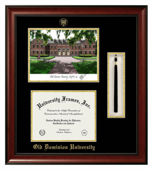 Double Opening with Campus Image & Tassel Box (Stacked) Frame in Avalon Mahogany with Black & Gold Mats for DOCUMENT: 8 1/2"H X 11"W  