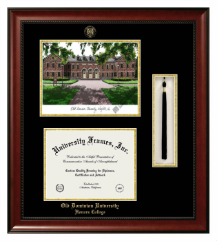 Double Opening with Campus Image & Tassel Box (Stacked) Frame in Avalon Mahogany with Black & Gold Mats for DOCUMENT: 8 1/2"H X 11"W  