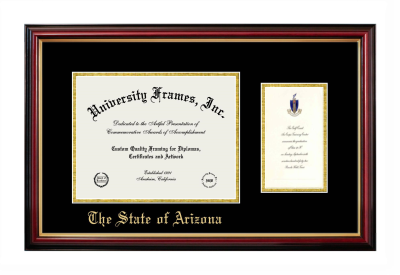 Diploma with Announcement Frame in Petite Mahogany with Gold Trim with Black & Gold Mats for DOCUMENT: 8 1/2"H X 11"W  ,  7"H X 4"W  