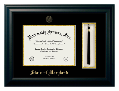 State of Maryland Diploma with Tassel Box Frame in Satin Black with Black & Gold Mats for DOCUMENT: 8 1/2"H X 11"W  