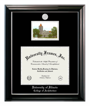 Double Opening with Campus Image (Stacked) Frame in Classic Ebony with Silver Trim with Black & Silver Mats for DOCUMENT: 8 1/2"H X 11"W  