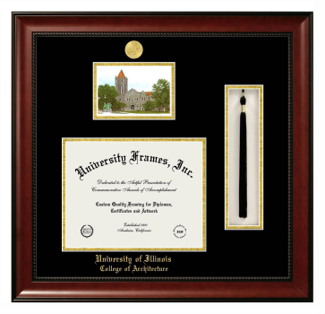 Double Opening with Campus Image & Tassel Box (Stacked) Frame in Avalon Mahogany with Black & Gold Mats for DOCUMENT: 8 1/2"H X 11"W  