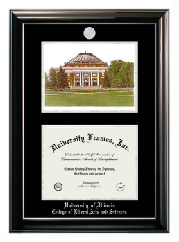 Double Opening with Campus Image (Stacked) Frame in Classic Ebony with Silver Trim with Black & Silver Mats for DOCUMENT: 8 1/2"H X 11"W  