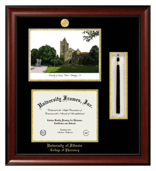 Double Opening with Campus Image & Tassel Box (Stacked) Frame in Avalon Mahogany with Black & Gold Mats for DOCUMENT: 8 1/2"H X 11"W  