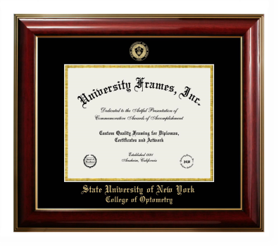 State University of New York College of Optometry Diploma Frame in Classic Mahogany with Gold Trim with Black & Gold Mats for DOCUMENT: 8 1/2"H X 11"W  