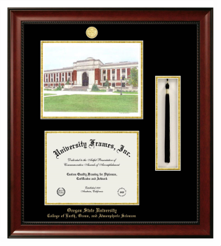 Double Opening with Campus Image & Tassel Box (Stacked) Frame in Avalon Mahogany with Black & Gold Mats for DOCUMENT: 8 1/2"H X 11"W  