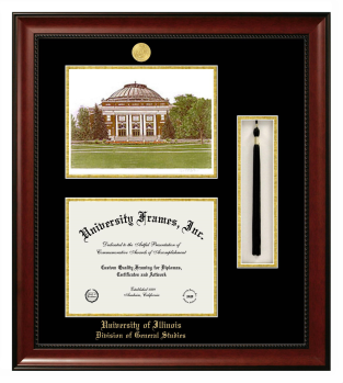 Double Opening with Campus Image & Tassel Box (Stacked) Frame in Avalon Mahogany with Black & Gold Mats for DOCUMENT: 8 1/2"H X 11"W  