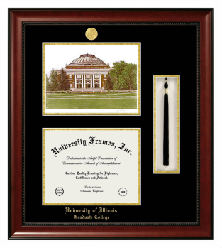 Double Opening with Campus Image & Tassel Box (Stacked) Frame in Avalon Mahogany with Black & Gold Mats for DOCUMENT: 8 1/2"H X 11"W  