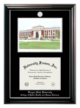 Double Opening with Campus Image (Stacked) Frame in Classic Ebony with Silver Trim with Black & Silver Mats for DOCUMENT: 8 1/2"H X 11"W  