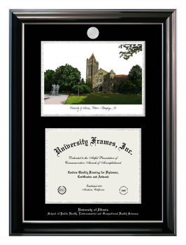 Double Opening with Campus Image (Stacked) Frame in Classic Ebony with Silver Trim with Black & Silver Mats for DOCUMENT: 8 1/2"H X 11"W  