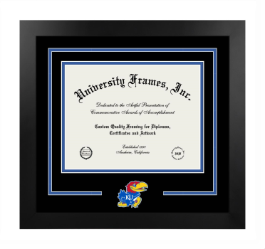 University of Kansas Logo Mat Frame in Manhattan Black with Black & Royal Blue Mats for DOCUMENT: 8 1/2"H X 11"W  