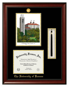 Double Opening with Campus Image & Tassel Box (Stacked) Frame in Avalon Mahogany with Black & Gold Mats for DOCUMENT: 8 1/2"H X 11"W  