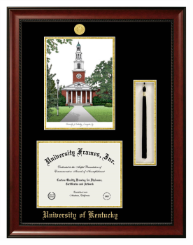 Double Opening with Campus Image & Tassel Box (Stacked) Frame in Avalon Mahogany with Black & Gold Mats for DOCUMENT: 8 1/2"H X 11"W  