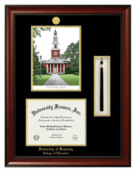 Double Opening with Campus Image & Tassel Box (Stacked) Frame in Avalon Mahogany with Black & Gold Mats for DOCUMENT: 8 1/2"H X 11"W  