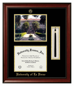 Double Opening with Campus Image & Tassel Box (Stacked) Frame in Avalon Mahogany with Black & Gold Mats for DOCUMENT: 8 1/2"H X 11"W  