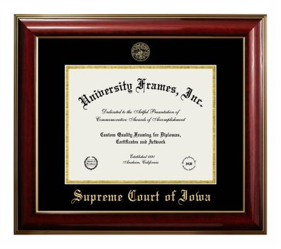 Supreme Court of Iowa Diploma Frame in Classic Mahogany with Gold Trim with Black & Gold Mats for DOCUMENT: 8 1/2"H X 11"W  