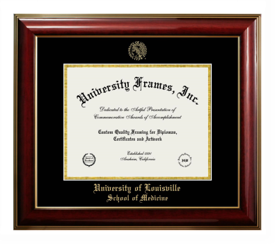 University of Louisville School of Medicine Diploma Frame in Classic Mahogany with Gold Trim with Black & Gold Mats for DOCUMENT: 8 1/2"H X 11"W  