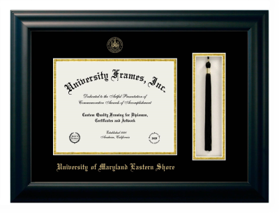 University of Maryland Eastern Shore Diploma with Tassel Box Frame in Satin Black with Black & Gold Mats for DOCUMENT: 8 1/2"H X 11"W  