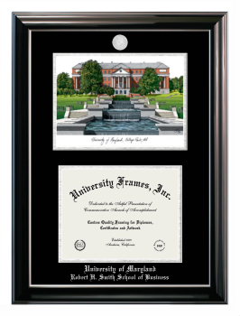 Double Opening with Campus Image (Stacked) Frame in Classic Ebony with Silver Trim with Black & Silver Mats for DOCUMENT: 8 1/2"H X 11"W  