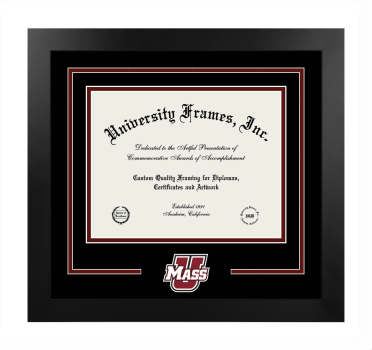 University of Massachusetts Logo Mat Frame in Manhattan Black with Black & Maroon Mats for DOCUMENT: 8 1/2"H X 11"W  