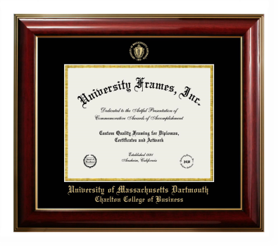 University of Massachusetts Dartmouth Charlton College of Business Diploma Frame in Classic Mahogany with Gold Trim with Black & Gold Mats for DOCUMENT: 8 1/2"H X 11"W  