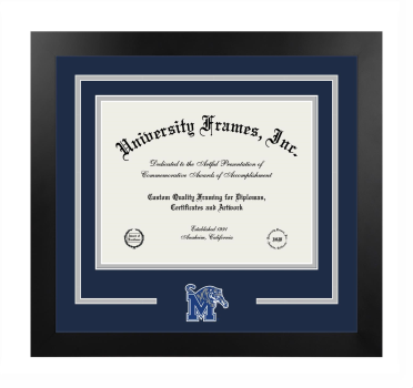 University of Memphis Logo Mat Frame in Manhattan Black with Navy Blue & Gray Mats for DOCUMENT: 8 1/2"H X 11"W  