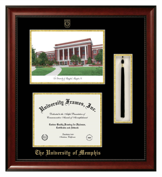 Double Opening with Campus Image & Tassel Box (Stacked) Frame in Avalon Mahogany with Black & Gold Mats for DOCUMENT: 8 1/2"H X 11"W  