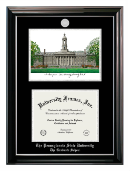 Double Opening with Campus Image (Stacked) Frame in Classic Ebony with Silver Trim with Black & Silver Mats for DOCUMENT: 8 1/2"H X 11"W  