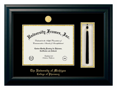 University of Michigan College of Pharmacy Diploma with Tassel Box Frame in Satin Black with Black & Gold Mats for DOCUMENT: 8 1/2"H X 11"W  