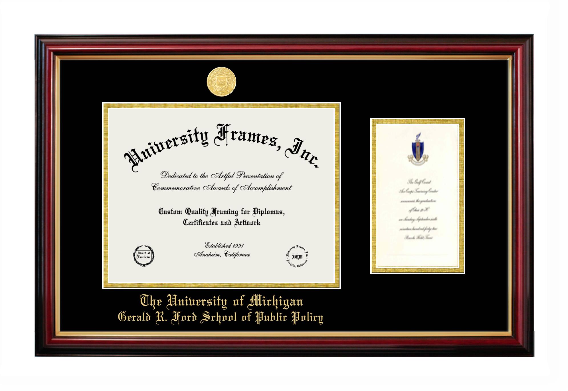 University Of Michigan Gerald R Ford School Of Public Policy Diploma With Announcement Frame In Petite Mahogany With Gold Trim With Black Gold Mats