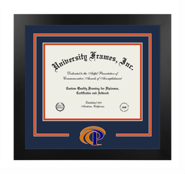 Logo Mat Frame in Manhattan Black with Navy Blue & Orange Mats for DOCUMENT: 8 1/2"H X 11"W  