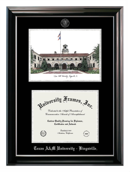 Double Opening with Campus Image (Stacked) Frame in Classic Ebony with Silver Trim with Black & Silver Mats for DOCUMENT: 8 1/2"H X 11"W  