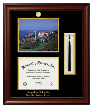 Double Opening with Campus Image & Tassel Box (Stacked) Frame in Avalon Mahogany with Black & Gold Mats for DOCUMENT: 8 1/2"H X 11"W  