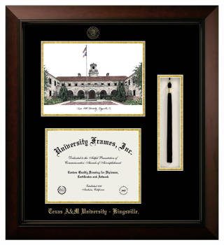 Double Opening with Campus Image & Tassel Box (Stacked) Frame in Legacy Black Cherry with Black & Gold Mats for DOCUMENT: 8 1/2"H X 11"W  