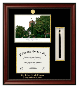 Double Opening with Campus Image & Tassel Box (Stacked) Frame in Avalon Mahogany with Black & Gold Mats for DOCUMENT: 8 1/2"H X 11"W  