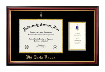 Diploma with Announcement Frame in Petite Mahogany with Gold Trim with Black & Gold Mats for DOCUMENT: 8 1/2"H X 11"W  ,  7"H X 4"W  