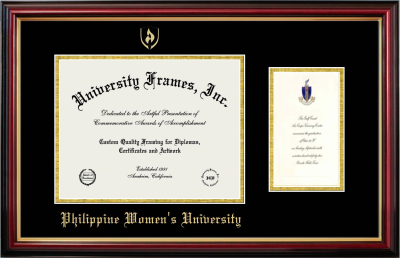 Diploma with Announcement Frame in Petite Mahogany with Gold Trim with Black & Gold Mats for DOCUMENT: 8 1/2"H X 11"W  ,  7"H X 4"W  