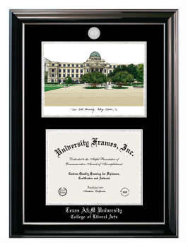 Double Opening with Campus Image (Stacked) Frame in Classic Ebony with Silver Trim with Black & Silver Mats for DOCUMENT: 8 1/2"H X 11"W  