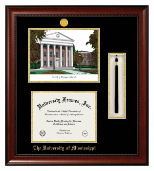 Double Opening with Campus Image & Tassel Box (Stacked) Frame in Avalon Mahogany with Black & Gold Mats for DOCUMENT: 8 1/2"H X 11"W  