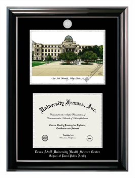 Double Opening with Campus Image (Stacked) Frame in Classic Ebony with Silver Trim with Black & Silver Mats for DOCUMENT: 8 1/2"H X 11"W  