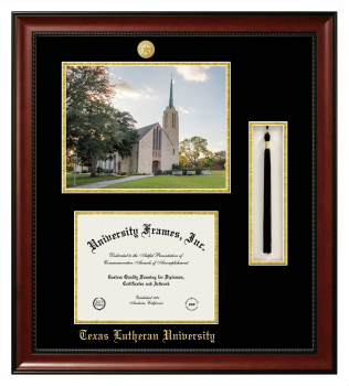 Double Opening with Campus Image & Tassel Box (Stacked) Frame in Avalon Mahogany with Black & Gold Mats for DOCUMENT: 8 1/2"H X 11"W  