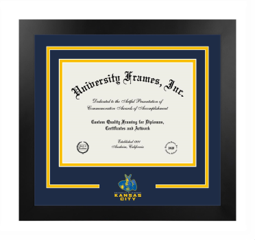 Logo Mat Frame in Manhattan Black with Navy Blue & Amber Mats for DOCUMENT: 8 1/2"H X 11"W  