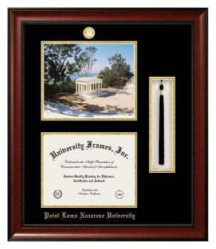 Double Opening with Campus Image & Tassel Box (Stacked) Frame in Avalon Mahogany with Black & Gold Mats for DOCUMENT: 8 1/2"H X 11"W  