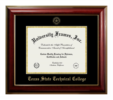 Texas State Technical College Diploma Frame in Classic Mahogany with Gold Trim with Black & Gold Mats for DOCUMENT: 8 1/2"H X 11"W  