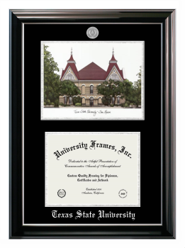 Double Opening with Campus Image (Stacked) Frame in Classic Ebony with Silver Trim with Black & Silver Mats for DOCUMENT: 8 1/2"H X 11"W  