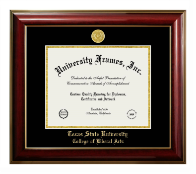 Texas State University College of Liberal Arts Diploma Frame in Classic Mahogany with Gold Trim with Black & Gold Mats for DOCUMENT: 8 1/2"H X 11"W  