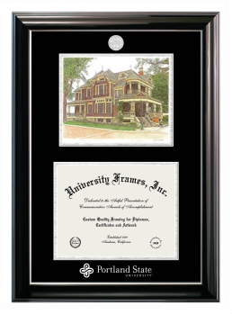 Double Opening with Campus Image (Stacked) Frame in Classic Ebony with Silver Trim with Black & Silver Mats for DOCUMENT: 8 1/2"H X 11"W  