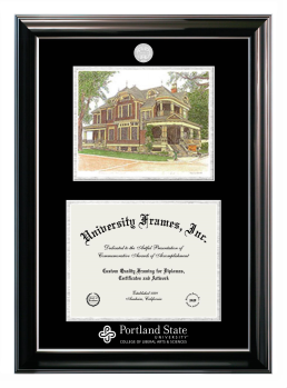 Double Opening with Campus Image (Stacked) Frame in Classic Ebony with Silver Trim with Black & Silver Mats for DOCUMENT: 8 1/2"H X 11"W  