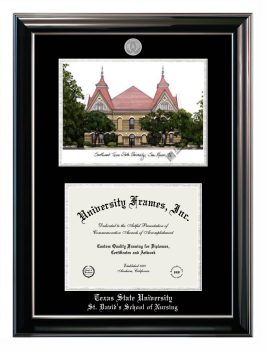 Double Opening with Campus Image (Stacked) Frame in Classic Ebony with Silver Trim with Black & Silver Mats for DOCUMENT: 8 1/2"H X 11"W  